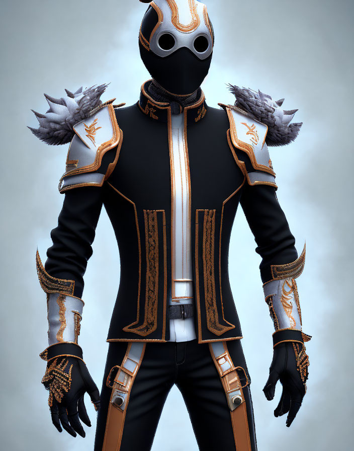 Futuristic black and gold costume with ornate patterns and feather-like helmet.