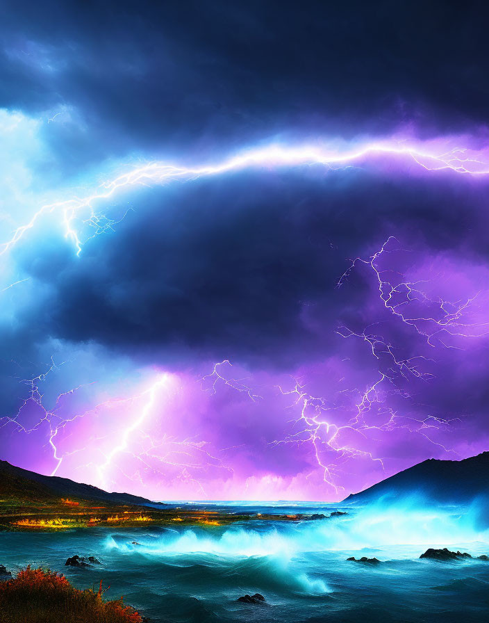 Intense lightning strikes in dramatic seascape under purple sky