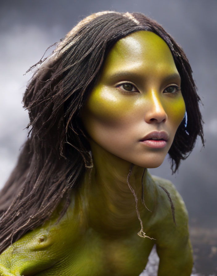 Intense individual in yellow and green body paint with dark hair, against blurred backdrop