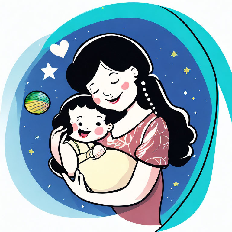 Stylized Illustration of Smiling Mother and Laughing Baby in Space Theme