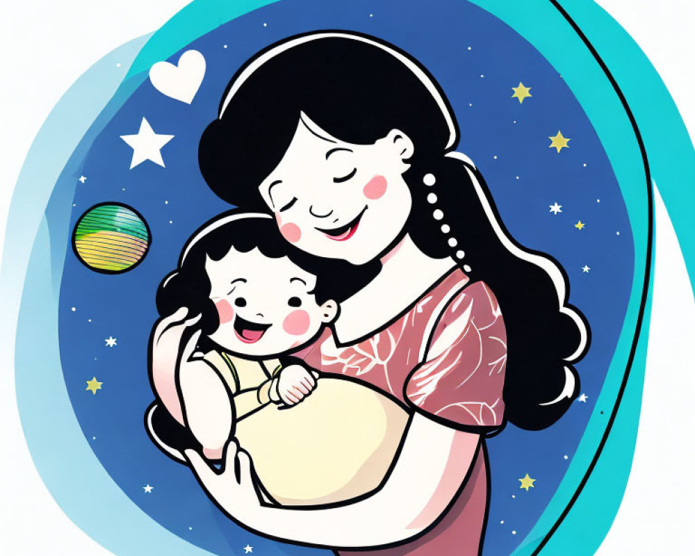 Stylized Illustration of Smiling Mother and Laughing Baby in Space Theme