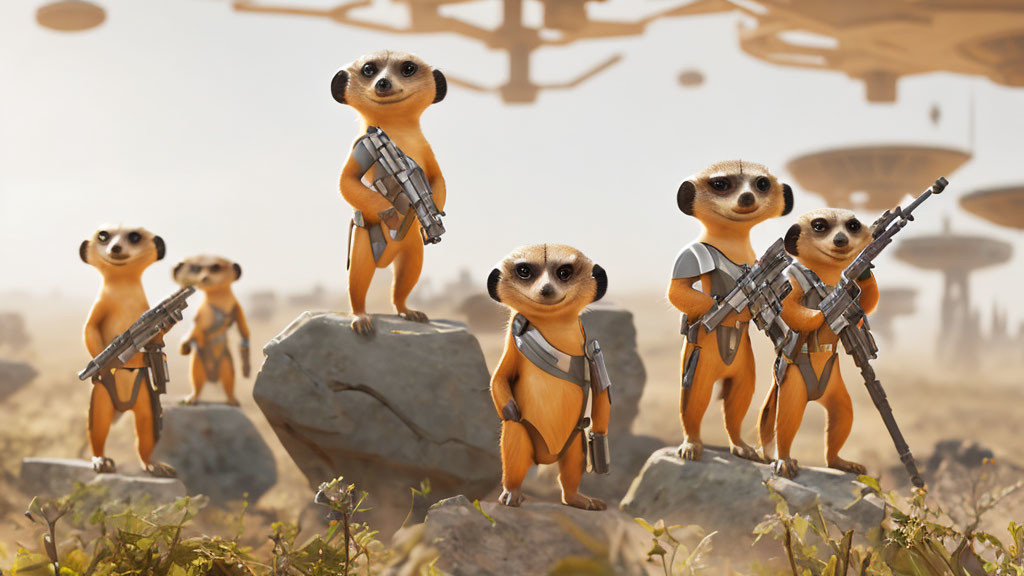 Futuristic meerkat soldiers in desert with spacecraft