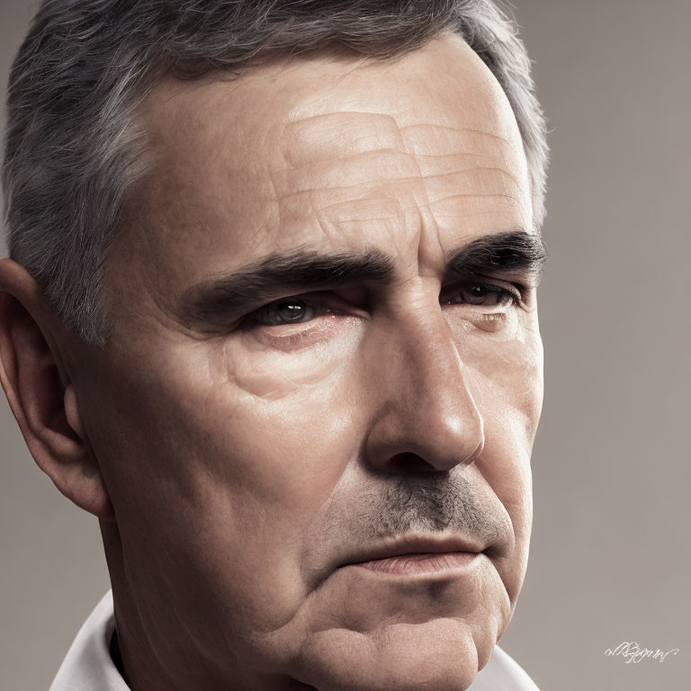 Mature man with gray hair and intense gaze on neutral gray background