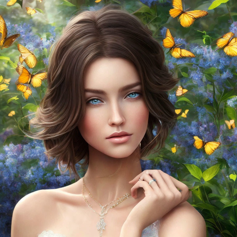 Digital artwork of woman with blue eyes, butterflies, flowers, subtle smile