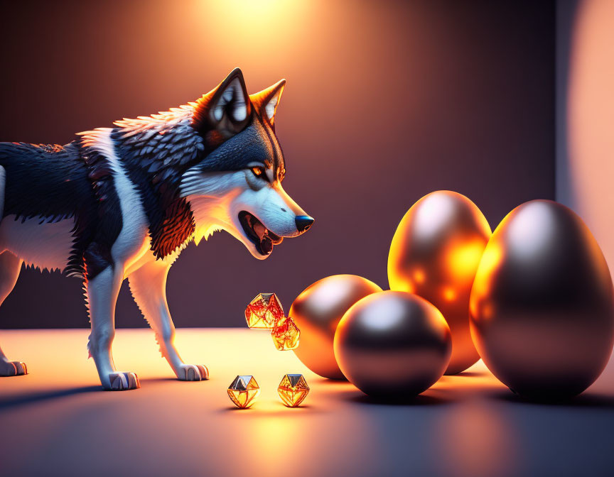 Realistic husky with golden eggs and gemstones in moody lighting