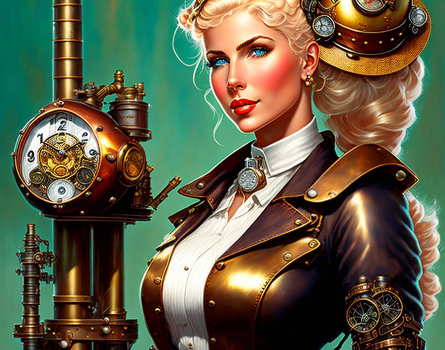 Steampunk-inspired woman with gear accessories and mechanical clock background.