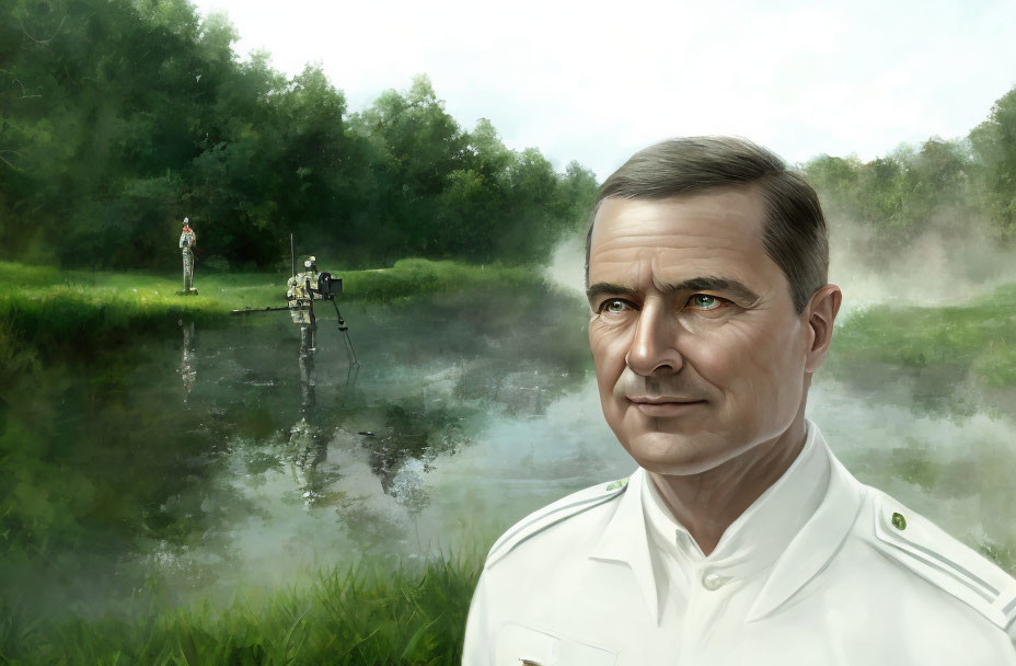 Man in white military uniform by serene lake with fishing scene