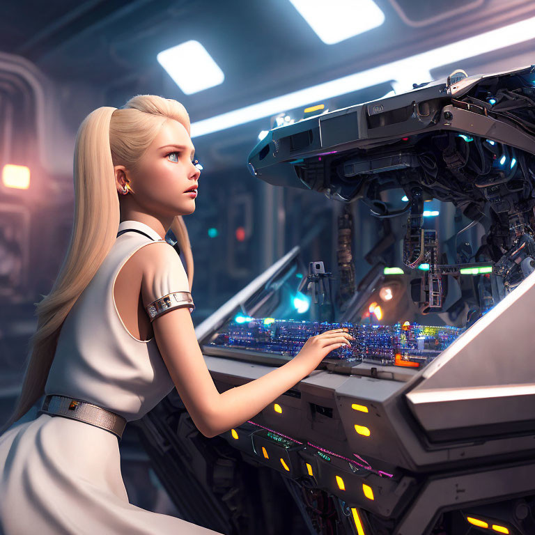 Blonde woman using futuristic console with robotic arm in sci-fi scene