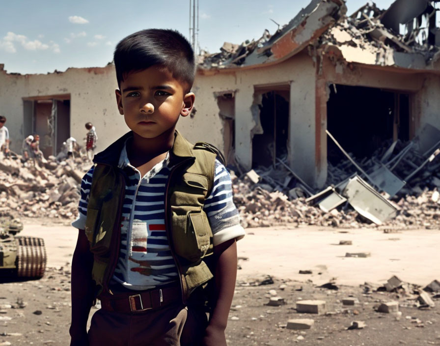 Young boy amidst rubble and destruction.