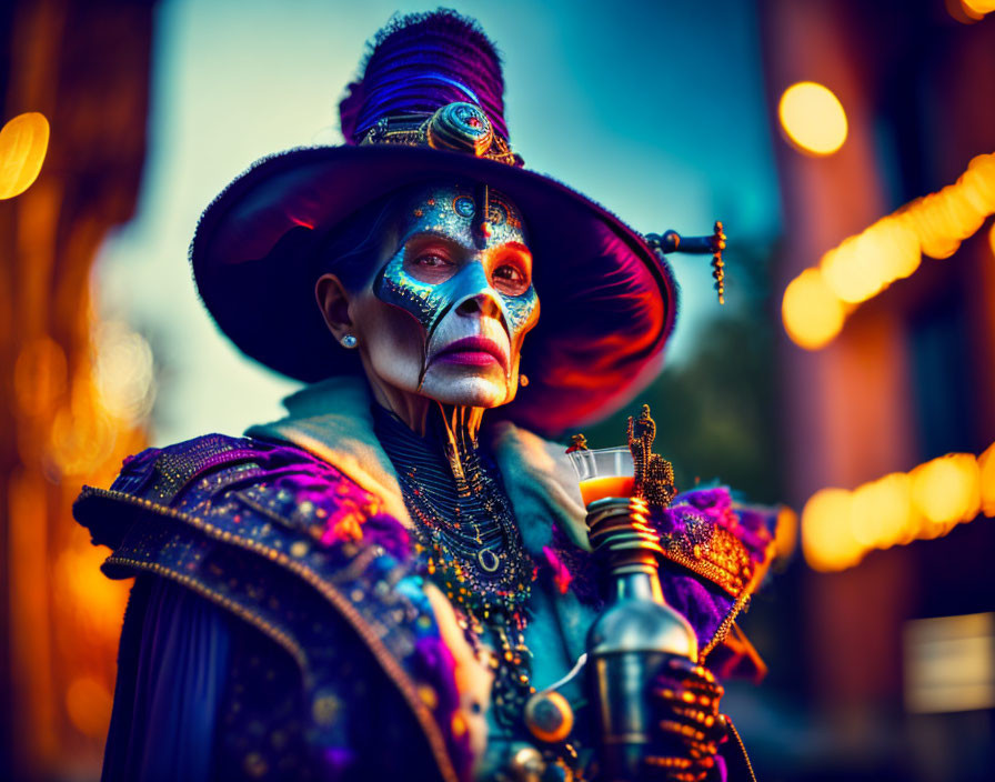 Elaborately costumed person with skull face paint and candle, blurred lights background