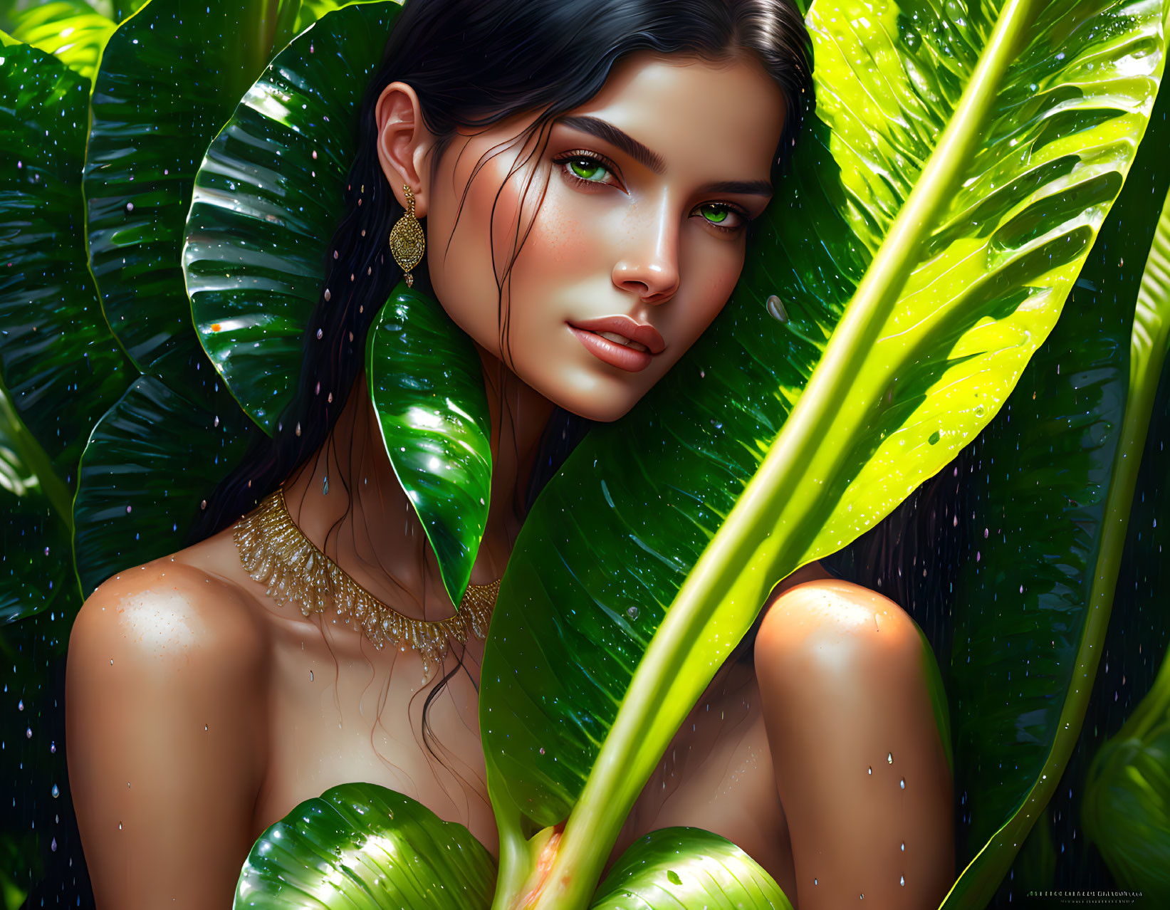 Digital artwork featuring woman with dark hair and green eyes in lush tropical setting