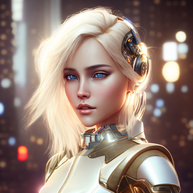 Blonde Woman with Headphones in Cityscape Digital Art