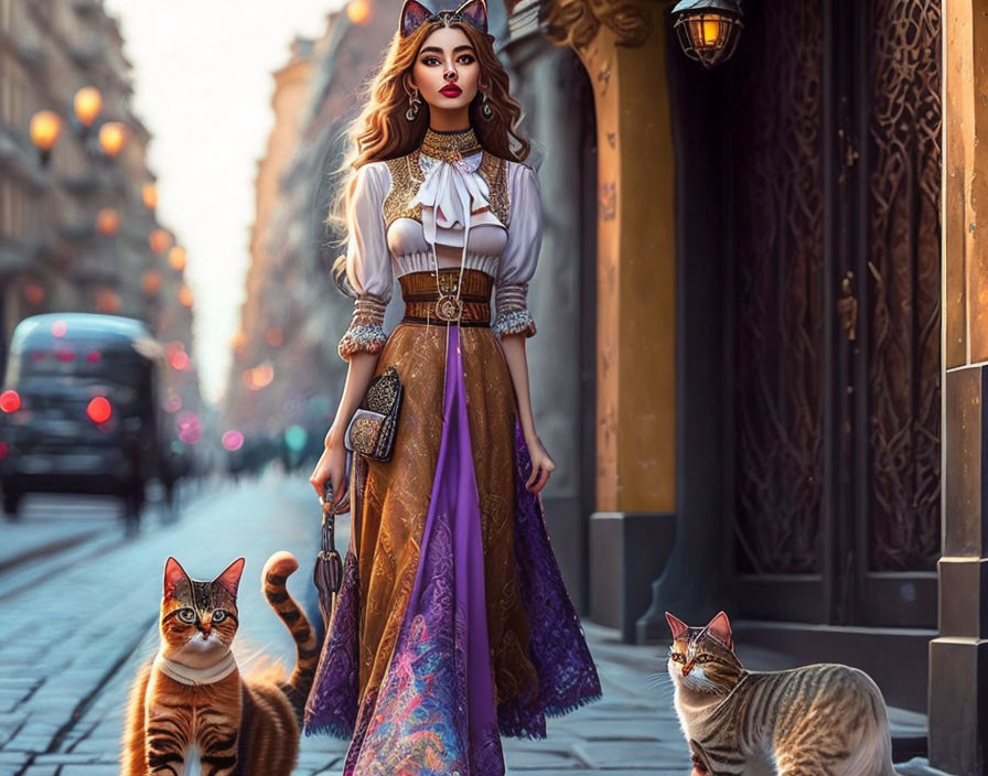 Fashionable woman with two striped cats on vintage city street