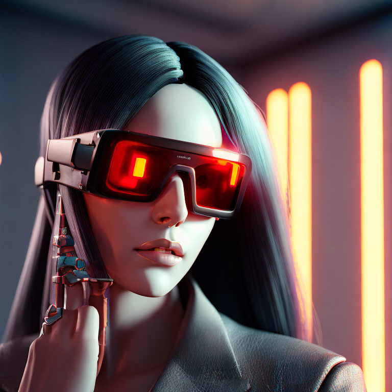 Futuristic woman with red visor glasses and robotic hand in neon-lit backdrop