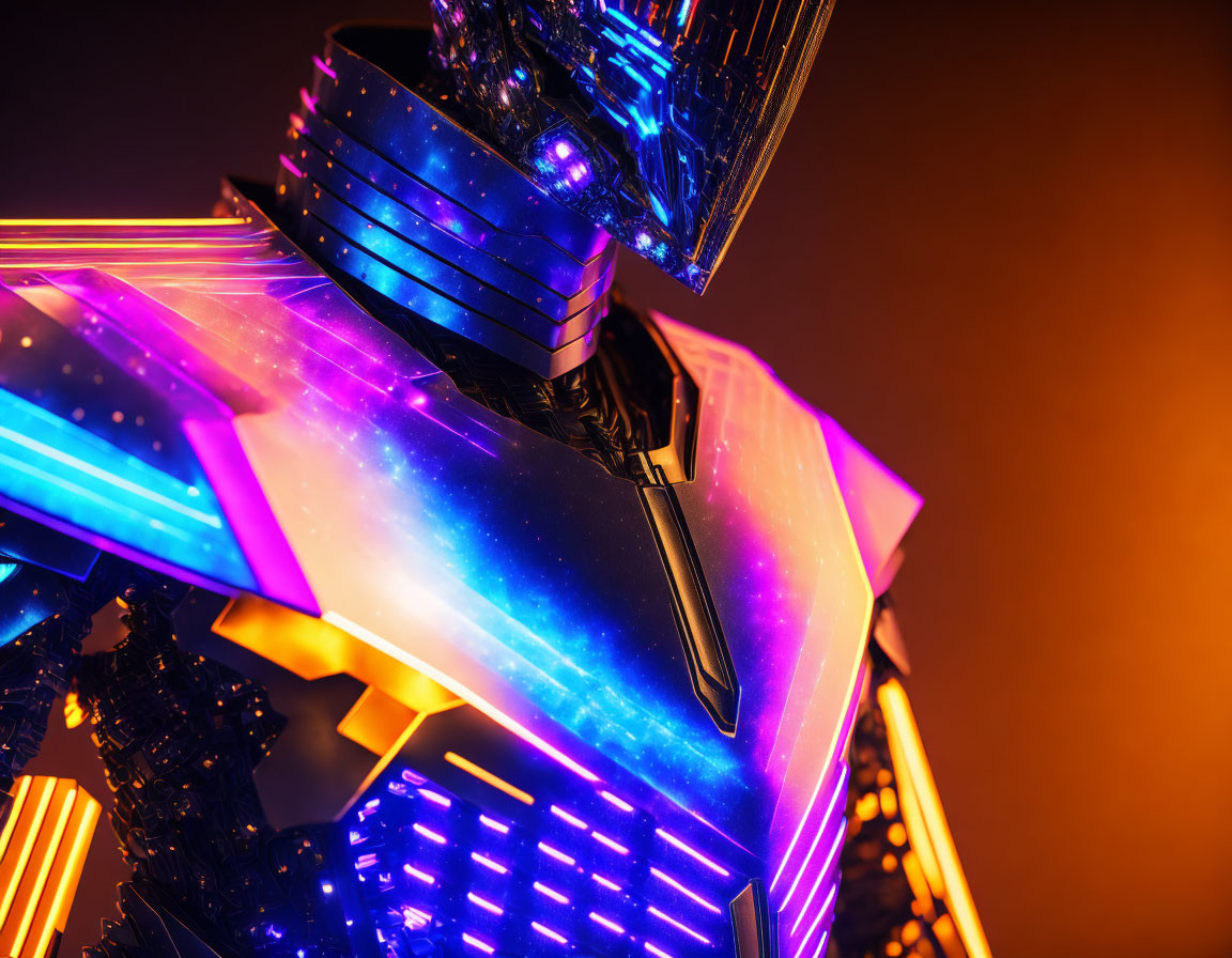 Neon-lit futuristic armor with cosmic patterns on orange backdrop