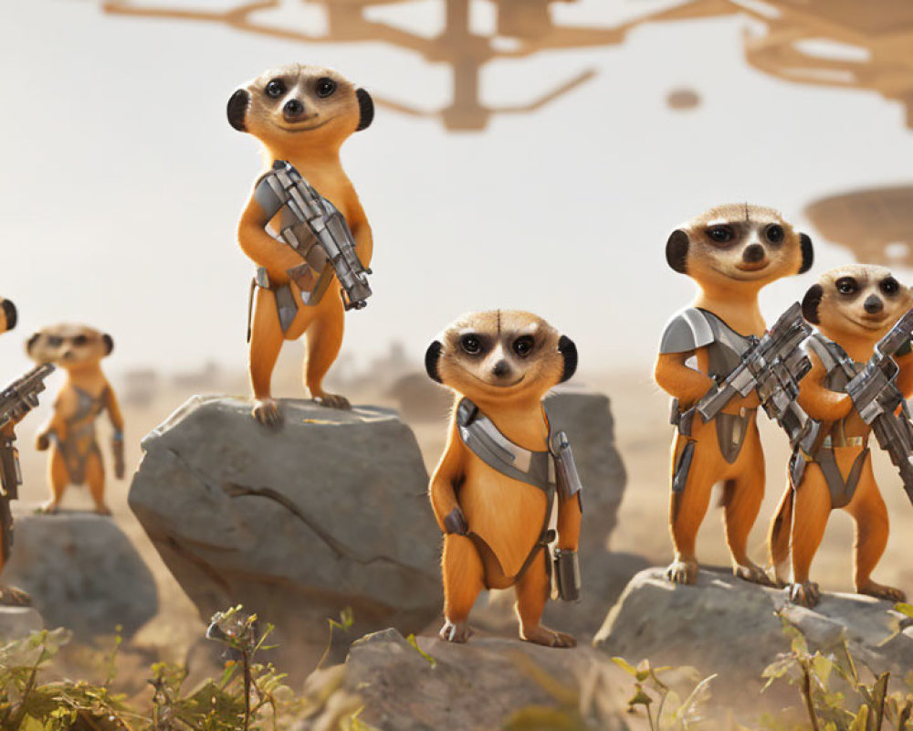 Futuristic meerkat soldiers in desert with spacecraft