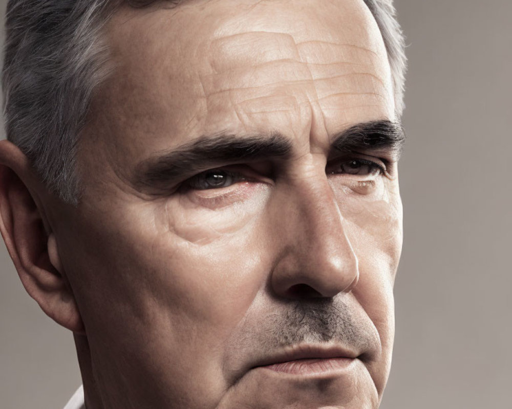 Mature man with gray hair and intense gaze on neutral gray background