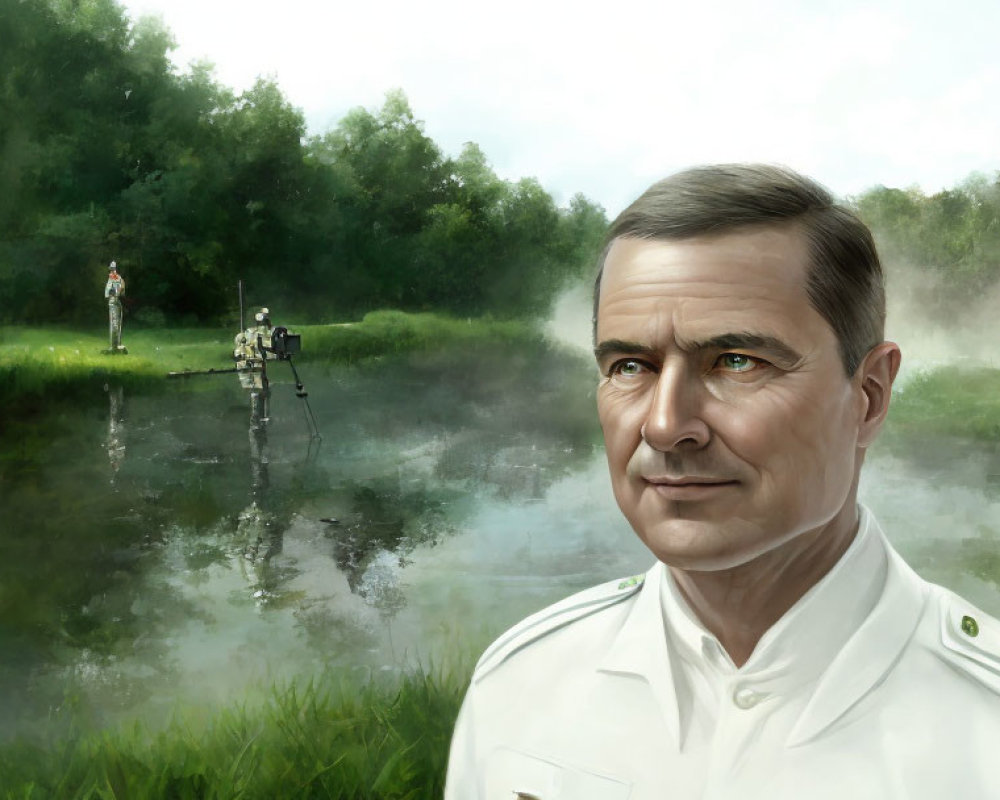 Man in white military uniform by serene lake with fishing scene