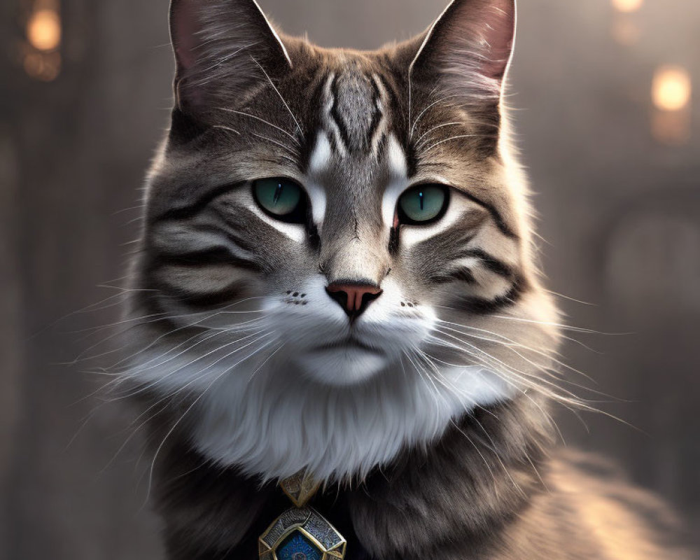 Majestic cat with green eyes, subtle stripes, and blue pendant on soft bokeh background