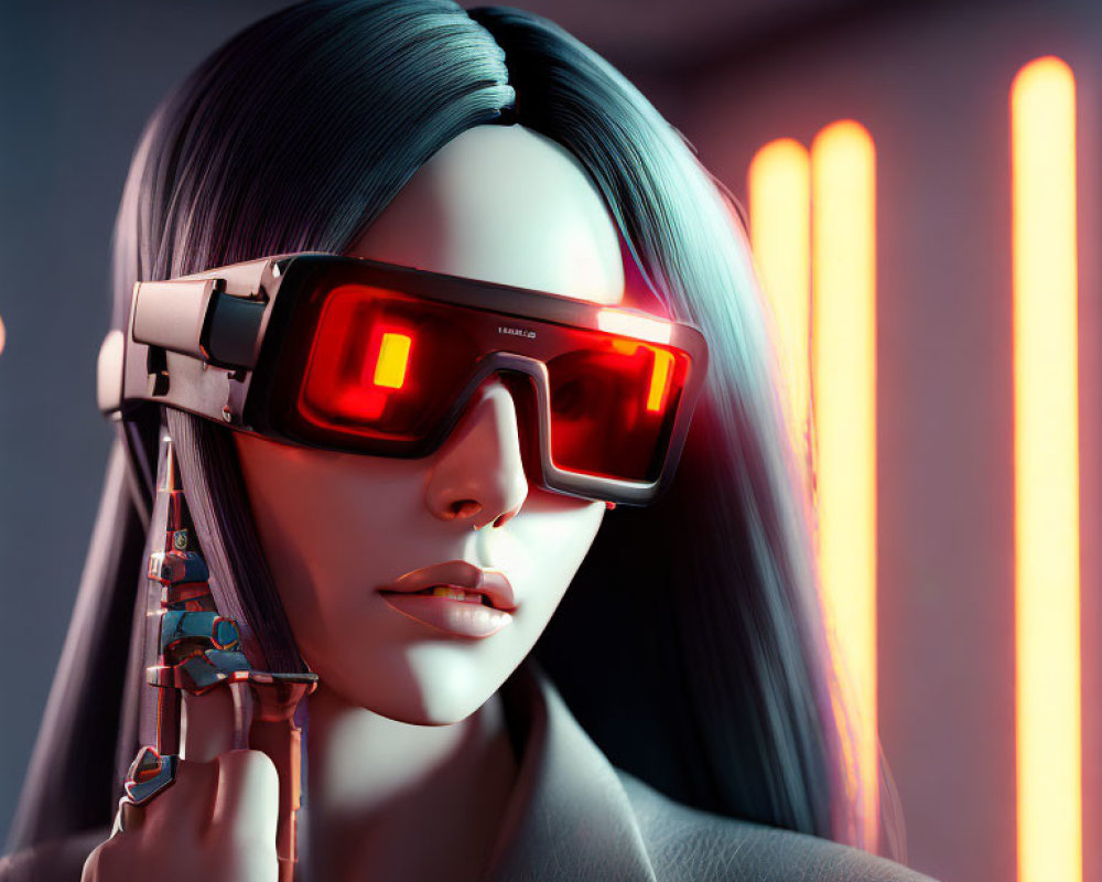 Futuristic woman with red visor glasses and robotic hand in neon-lit backdrop