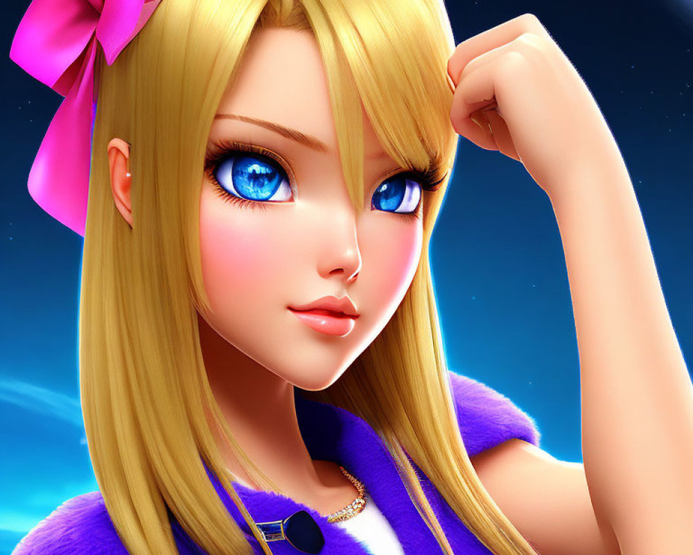 Blonde Blue-Eyed Character in Purple Top on Cosmic Background