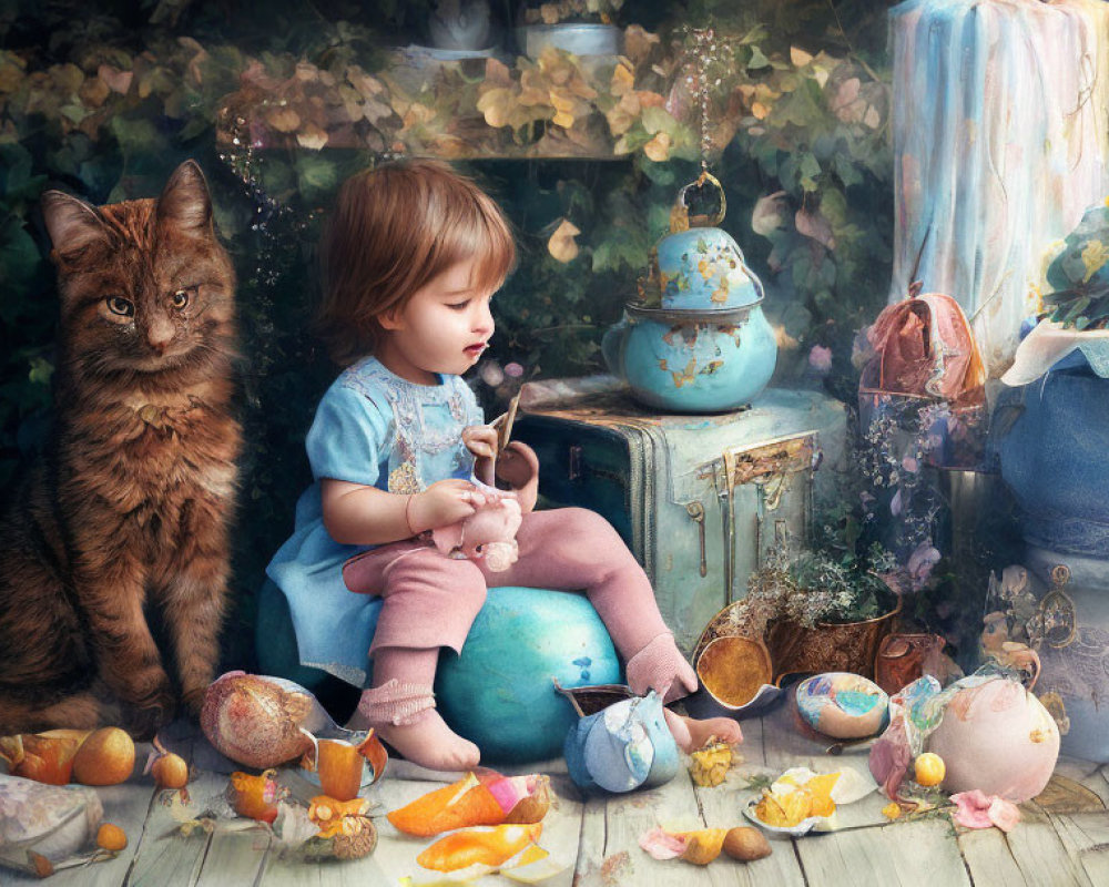 Young girl in blue dress with fluffy cat in whimsical setting surrounded by teapots and fruits