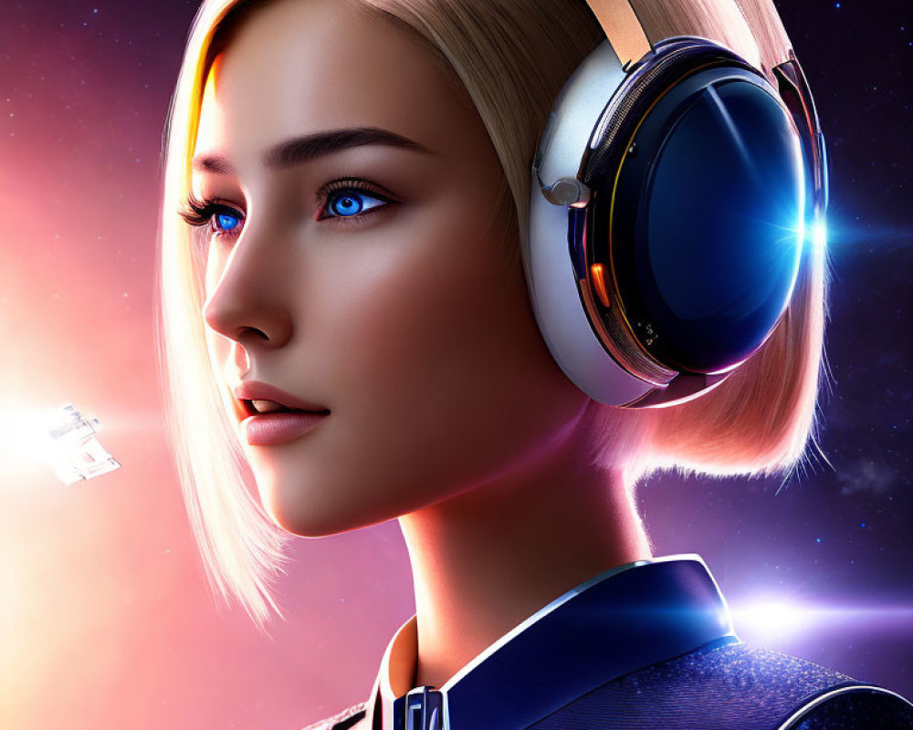 Futuristic digital art of a woman in headphones, blue eyes, cosmic backdrop