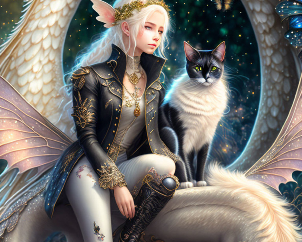 White-Haired Elf with Wings and Cat in Magical Night Sky