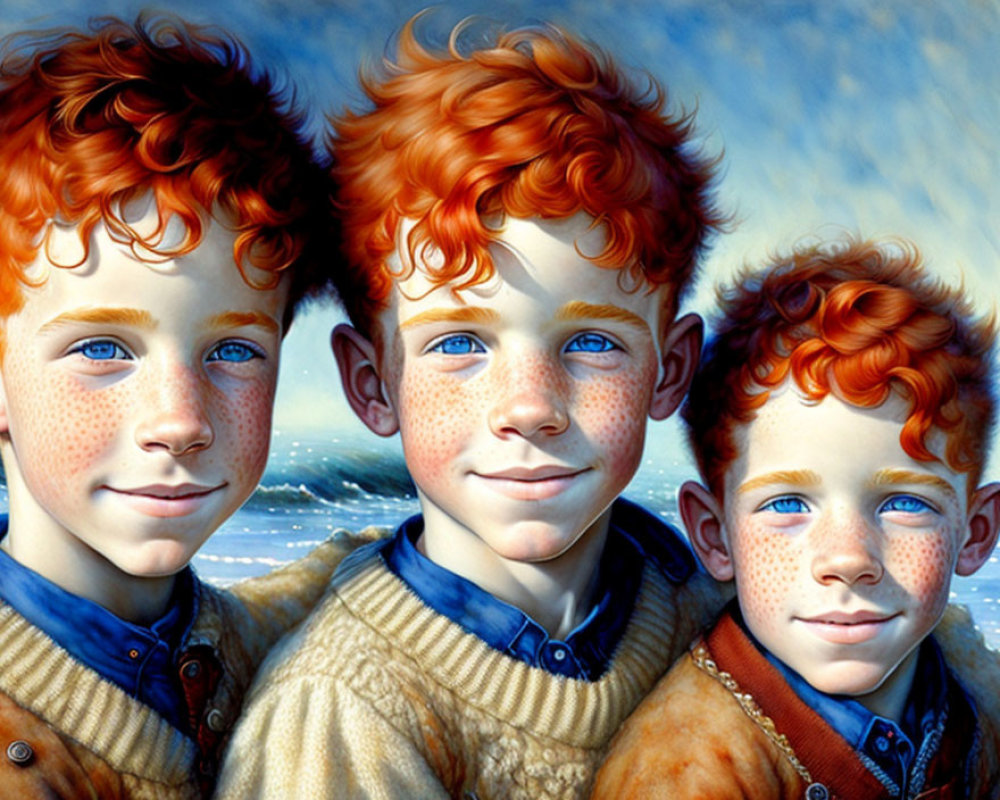 Three Smiling Boys with Curly Red Hair on Coastal Background