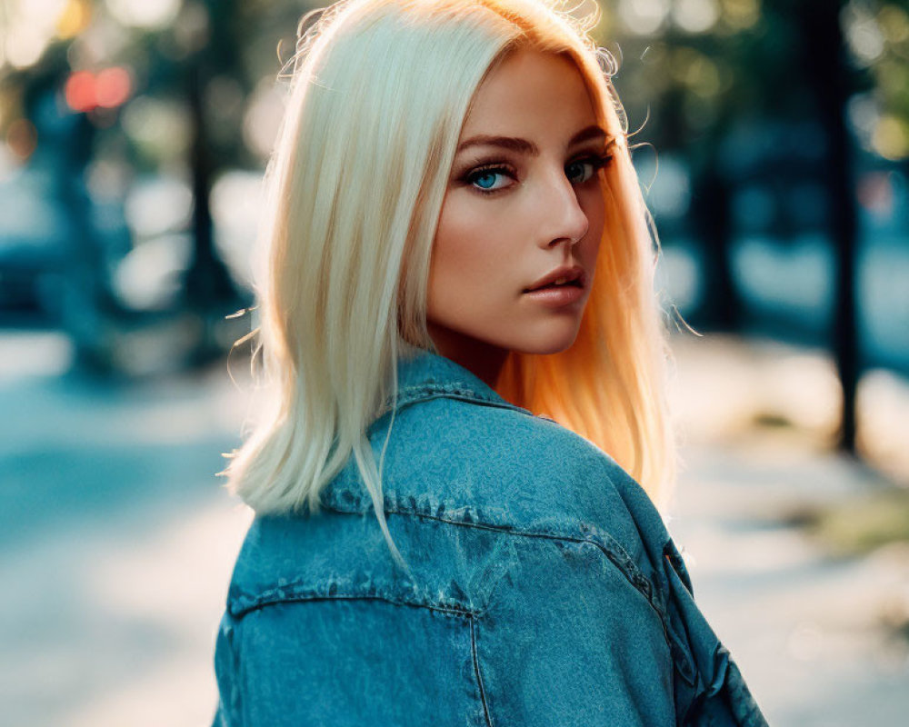 Blonde Woman in Denim Jacket Looking Back Outdoors