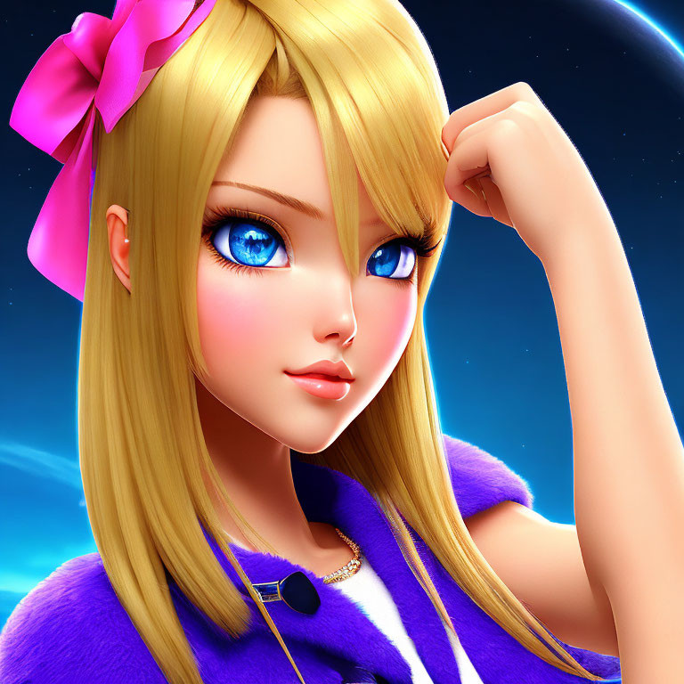 Blonde Blue-Eyed Character in Purple Top on Cosmic Background