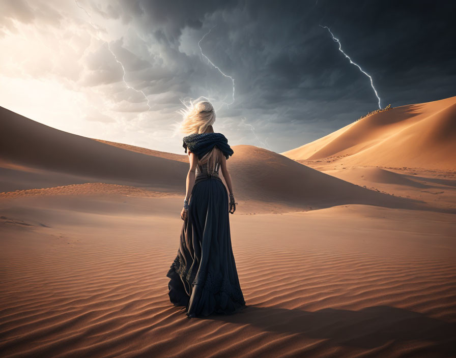 Woman in Blue Dress Standing in Desert Stormy Sky Scene