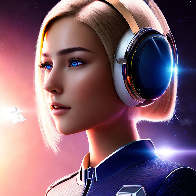 Futuristic digital art of a woman in headphones, blue eyes, cosmic backdrop