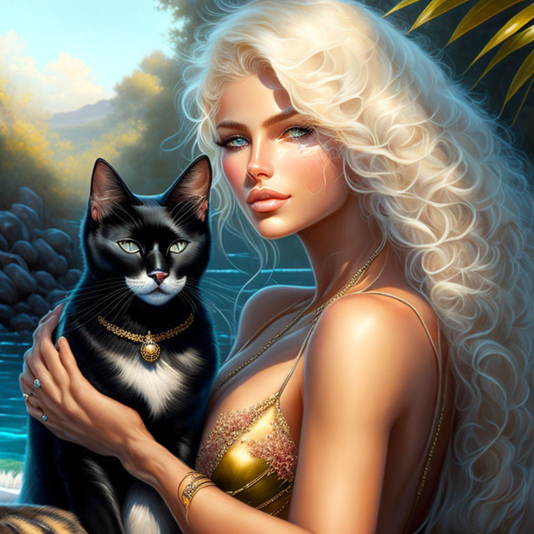 Blonde woman with black cat in greenery scene