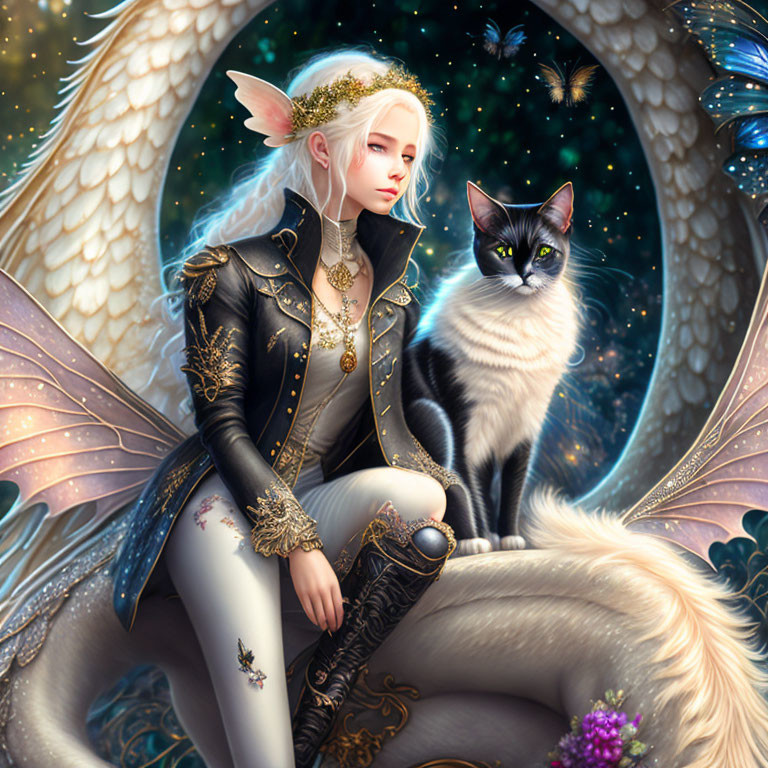 White-Haired Elf with Wings and Cat in Magical Night Sky