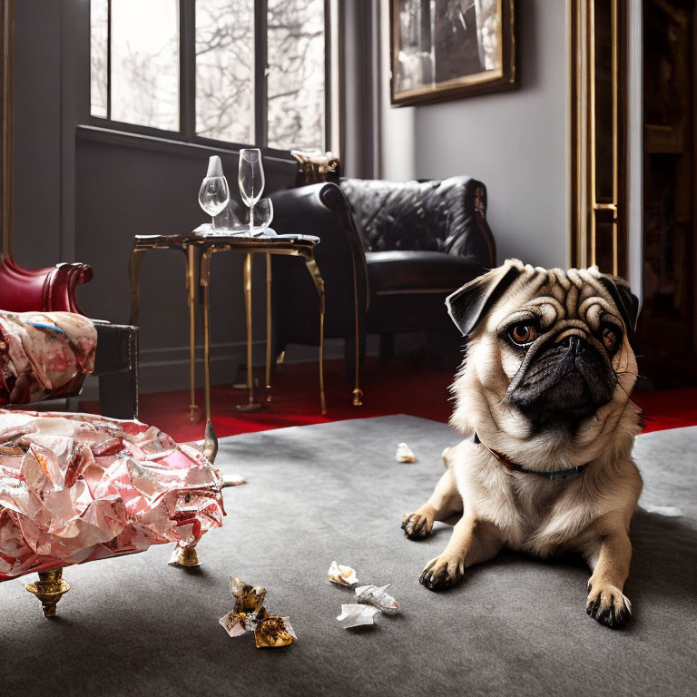 Pug resting on carpet in elegant room with torn paper, gift, and furniture