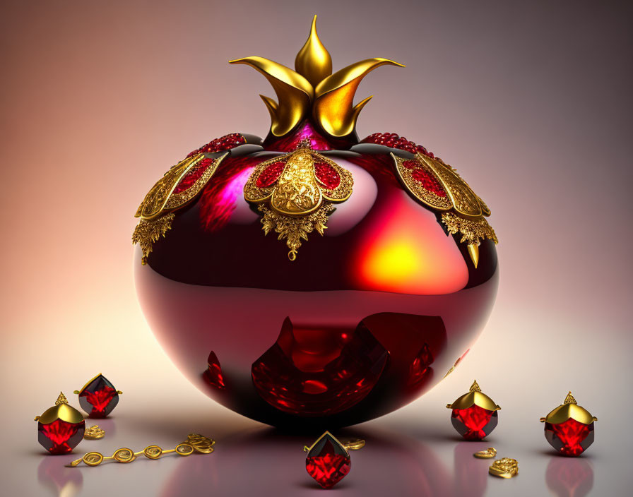 Intricate red and gold spherical object with jewels and golden patterns on warm backdrop