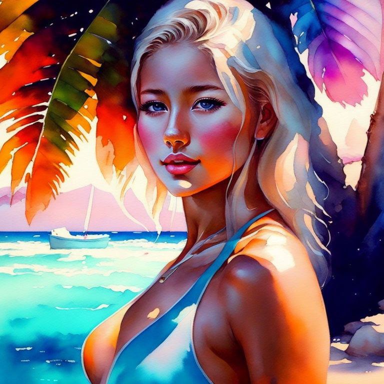 Colorful portrait of woman with white hair and blue eyes on tropical beach with sailing boat and palm leaves