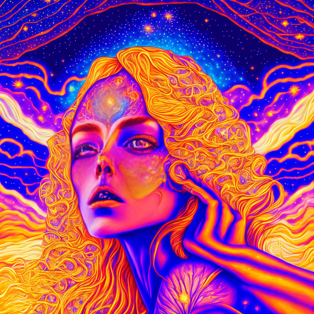 Colorful portrait of woman merging with cosmic patterns in vivid hues