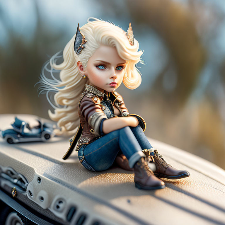 Stylized doll-like figure with exaggerated features on a suitcase wearing leather jacket and horns