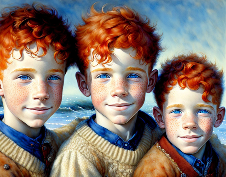 Three Smiling Boys with Curly Red Hair on Coastal Background