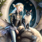 White-Haired Elf with Wings and Cat in Magical Night Sky