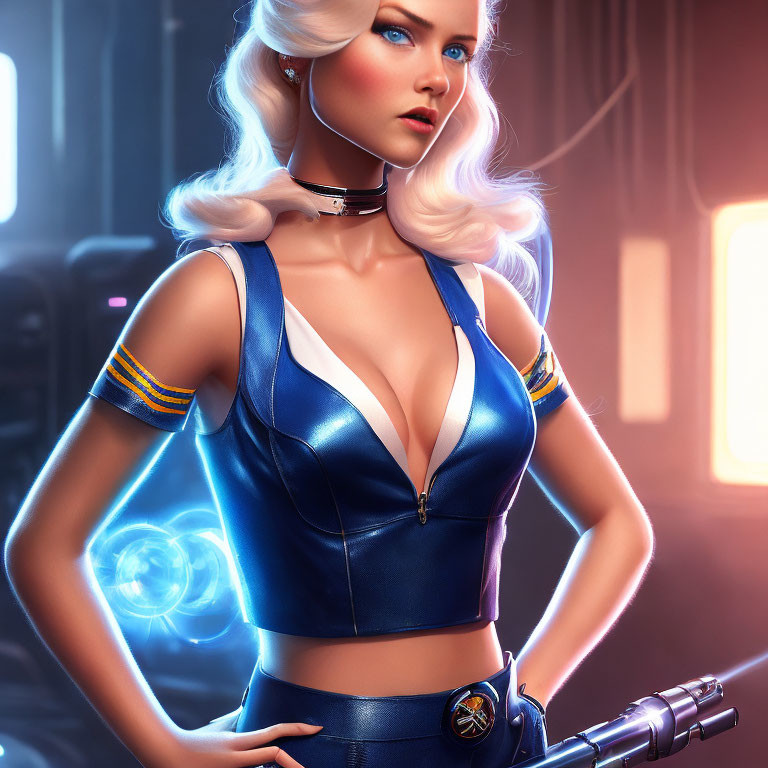 Futuristic digital art of platinum blonde female in blue bodysuit