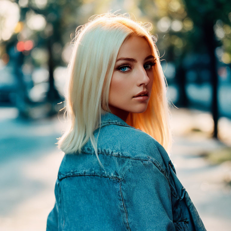 Blonde Woman in Denim Jacket Looking Back Outdoors