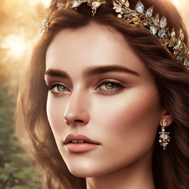 Close-up portrait of woman with jeweled crown and earrings, clear skin, green eyes, wavy