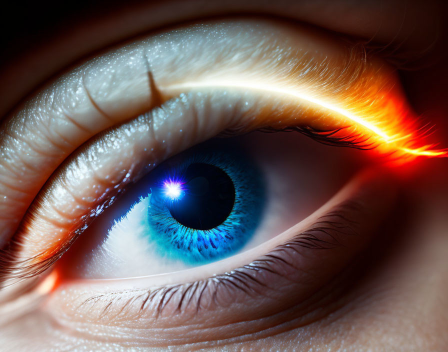 Detailed Close-Up of Blue Iris Human Eye with Textures and Orange Backlighting