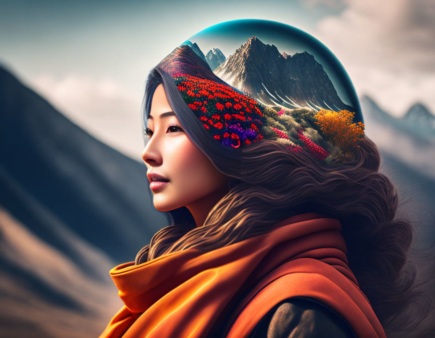 Woman with landscape sphere on head, surrounded by mountains and cloudy sky