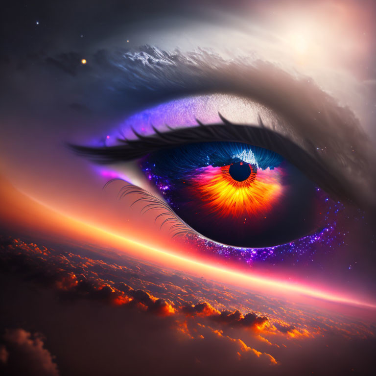 Vibrant eye with starry universe iris over dramatic sunset cloudscape