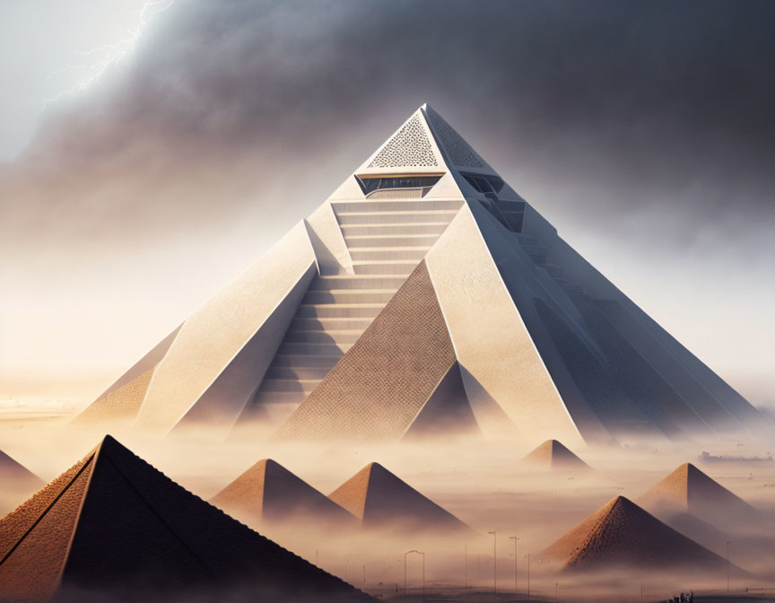 Futuristic pyramid dominates traditional pyramids in sandy landscape