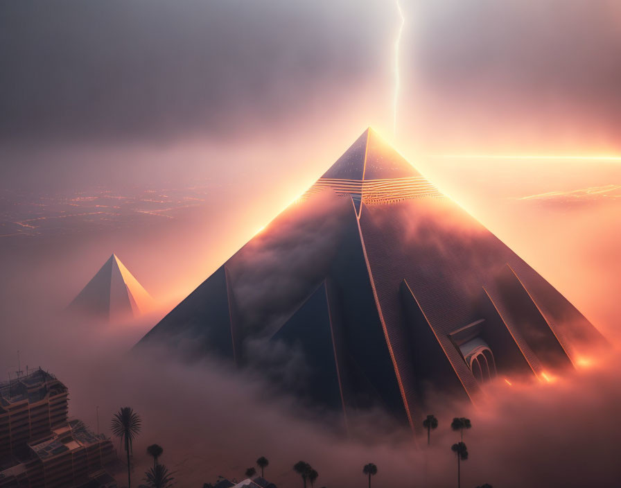 Futuristic pyramids in dramatic lightning storm amid orange sky